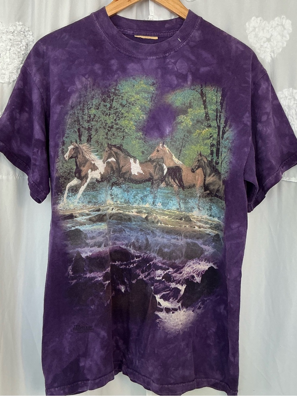 Vintage The Mountain Mens Purple Horses Print Short Sleeve Crewneck TShirt SZL